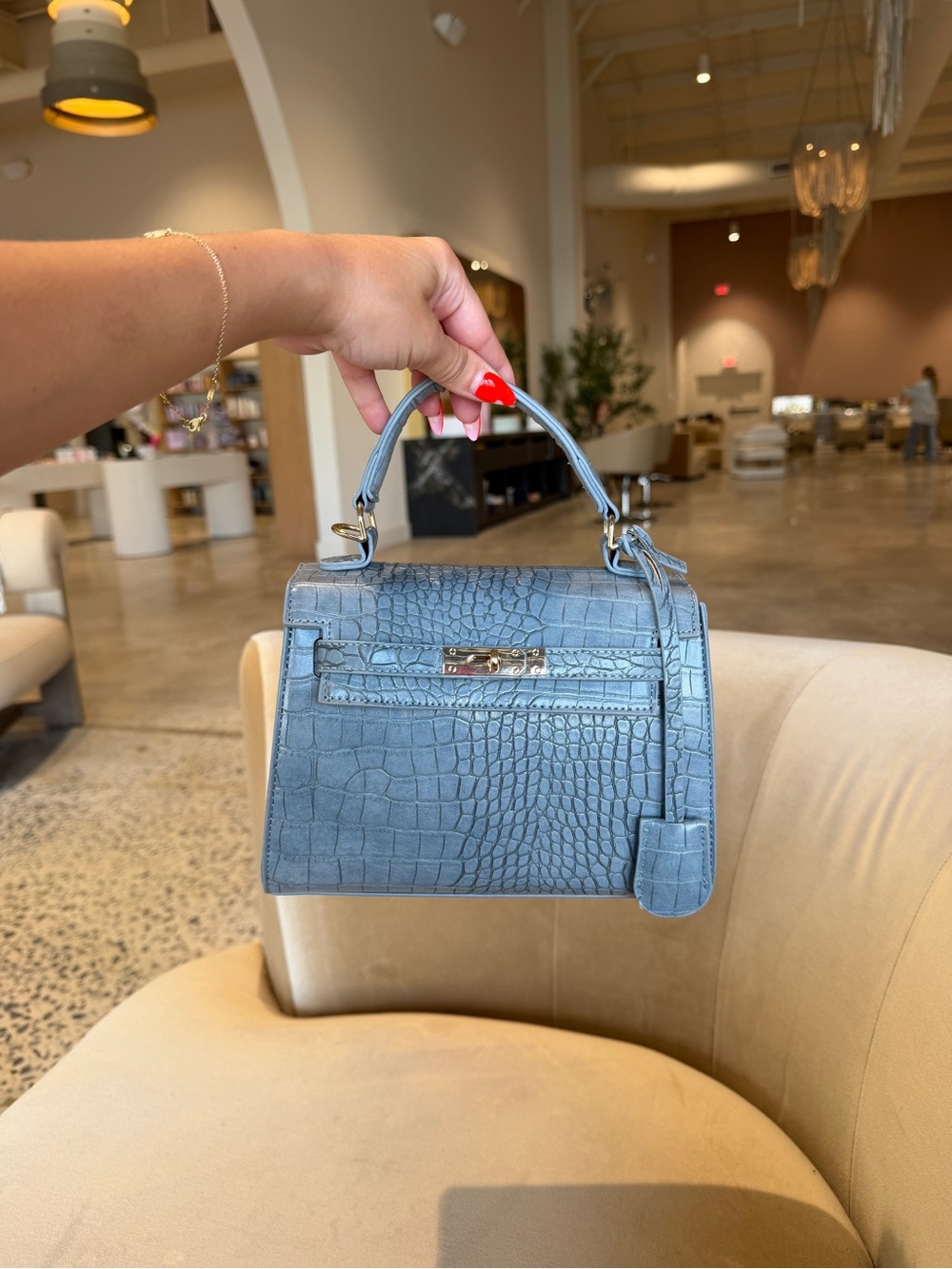 Classic Croc-Embossed Top Handle Bag in Dusty Blue